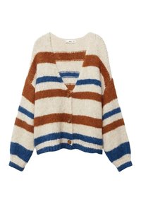 Sweter z paskami w kolorze kremowym, brązowym i niebieskim. Posiada dekolt w serek, puszystą fakturę, długie rękawy i drewniane guziki. Krótki krój.