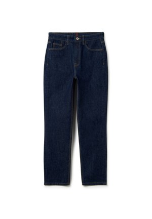 Donkerblauwe denim jeans met een rechte pasvorm, vijf zakken en gele stiksels op de naden. Voorzien van een knoop en rits aan de voorkant.