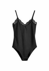 Musta bodysuit, jossa on pitsireunus kaula-aukossa, säädettävät spaghetti-hihnat ja istuva muotoilu sileällä tekstuurilla.