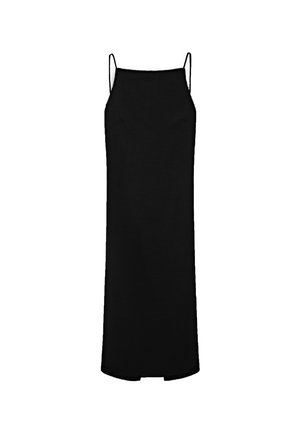 Zwarte slipdress met dunne bandjes, rechte snit en een zoom tot op de knieën. Gemaakt van een zachte stof met minimale naden en zonder patroons.