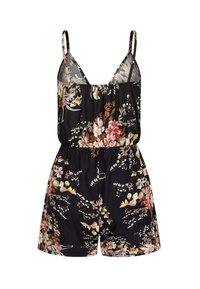 Schwarzer Jumpsuit mit Spaghettiträgern, elastischem Bund und lockerer Passform. Verziert mit blühenden Mustern in Pink, Gelb und Weiß.