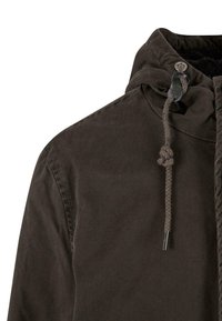 Braune Baumwolljacke mit Kapuze, Kordelzugverschluss und strukturiertem Innenfutter. Verfügt über einen Reißverschluss und genähten Details.