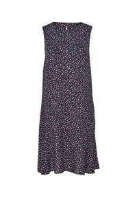 Robe noire sans manches à la coupe ample, ourlet évasé et motif abstrait de points roses et blancs épars.