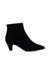Black suede ankle boot with pointed toe and low kitten heel, side profile on white background.