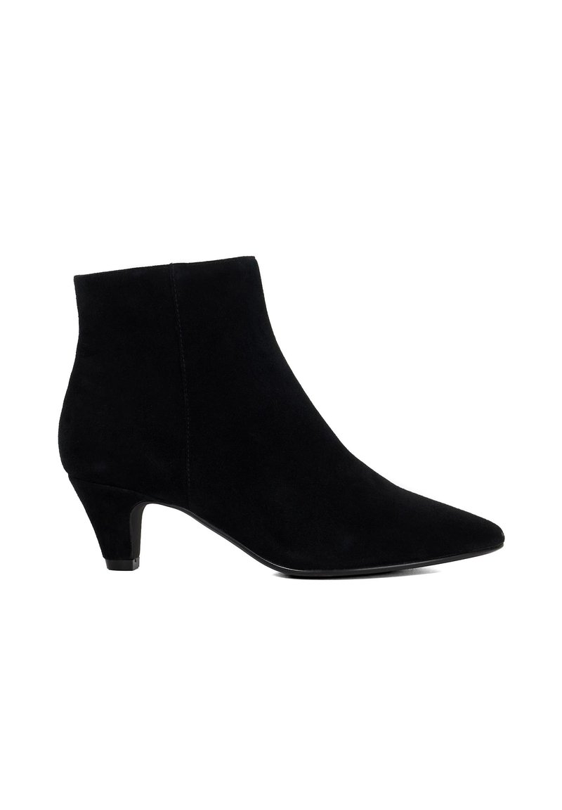Black suede ankle boot with pointed toe and low kitten heel, side profile on white background.