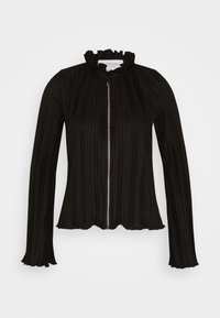 Blusa nera a maniche lunghe con colletto e polsini arricciati, pieghe verticali e una cerniera frontale completa.