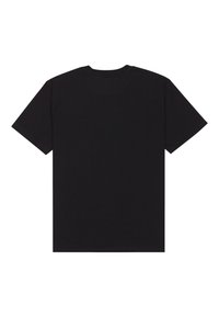 Zwart katoenen t-shirt met korte mouwen, met een gladde textuur en een ronde hals. De achterkant is eenvoudiger zonder grafische afbeeldingen of patronen.