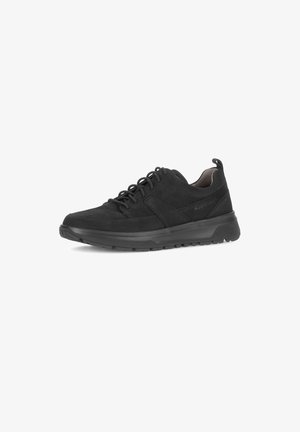 Black suede sneaker with a rounded toe, lace-up design, padded collar, textured rubber sole, and subtle stitching details.