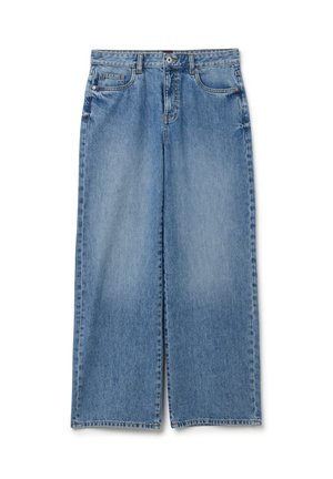 Jeans a gamba larga blu chiaro in denim. Presentano cinque tasche, passanti per cintura e una chiusura con zip e bottone. Design casual classico.