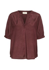 Bordeauxfarbige Bluse mit kurzen Ärmeln und V-Ausschnitt, aus weichem, leichtem Stoff mit dezenten Raffungen am Ausschnitt und den Ärmeln.