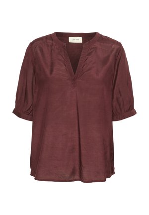 Burgundy kortärmad blus med V-ringning, tillverkad av mjukt, lätt tyg med subtila veck vid halsringning och ärmar.