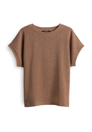 Brown short-sleeve t-shirt featuring a ribbed texture and a round neckline. The fabric appears soft and lightweight.