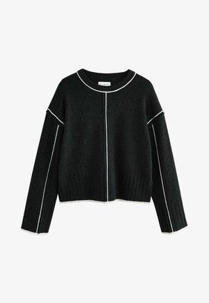 Zwarte wollen trui met een cropped ontwerp, geribbelde zoom en lange mouwen. Bevat witte stiksels langs de naden en de halslijn.