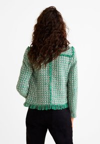 Vihreä-valkoinen tweed-takki, jossa on rispaantuneet reunat, teksturoitu kuvio, pyöreä pääntie ja pitkät hiukset. Takana on kontrastivärinen koristus.