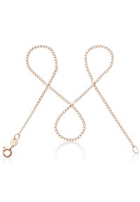 Kette aus Roségold mit runden Gliedern, ausgestattet mit einem Karabinerverschluss und einer glatten, polierten Oberfläche. Die Kette bildet ein geschwungenes Design.