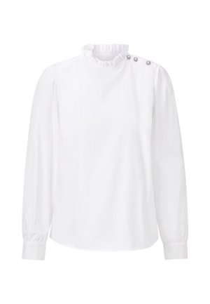 Chemisier blanc à manches longues avec un col froncé haut, des accents de boutons sur une épaule, et des manches froncées. Fabriqué en tissu lisse.