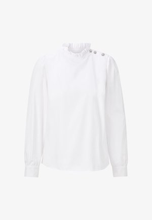 White long-sleeve blouse with a high frill collar, button accents on one shoulder, and gathered sleeves. Made from a smooth fabric.