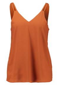 Haut sans manches orange avec un décolleté en V et de fines bretelles. Fabriqué en tissu léger, avec une texture lisse et une coupe ample.