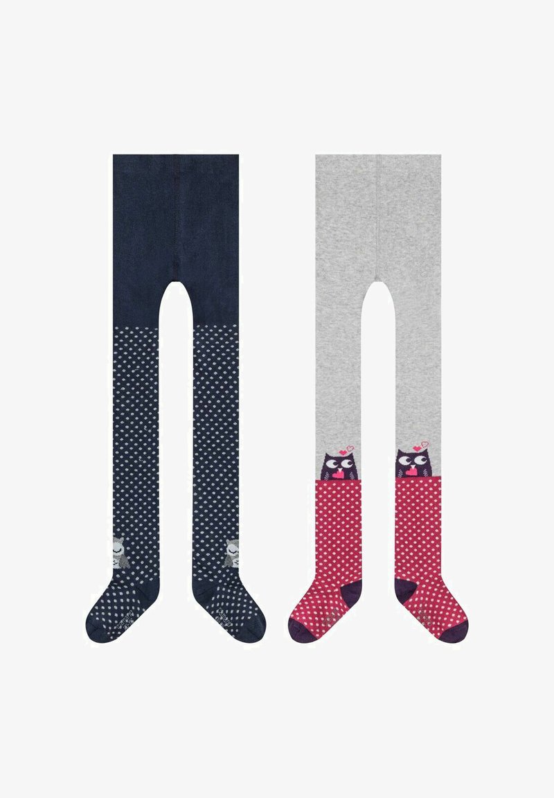 Due paia di collant per bambini: uno blu navy con pois bianchi e stampo di gufo; l'altro grigio con dettagli rossi e design di gufo. Materiale morbido e elasticizzato.