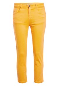Geel denim jeans met een getailleerd ontwerp, vijf pocket-stijl en een knoopsluiting. Gladde textuur en enkel-lange snit.