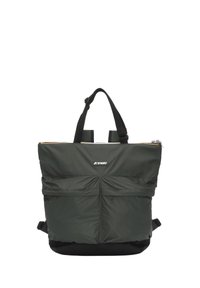 Borsa tote imbottita verde scuro con due tasche frontali, chiusura superiore con cerniera, doppi manici e dettaglio inferiore in materiale nero. Logo K-Way visibile.