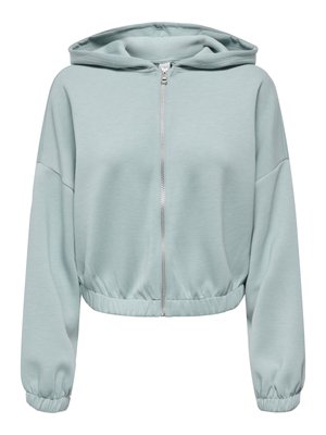 Light blue cropped hoodie with a full zipper, long sleeves, elastic cuffs, and a lined hood. Made of soft, smooth fabric.