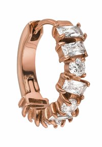 Ohrringe aus rosévergoldetem Metall mit einer Reihe von fünf rechteckigen und einem runden klaren Stein, die mit einem krallenartigen Design gesichert sind.