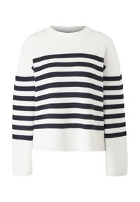 Pull en maille rayé blanc et marine, présentant une texture côtelée, un col rond et des manches longues avec une coupe décontractée.