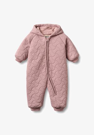 Tutina imbottita rosa per neonati con cappuccio, cerniera frontale e polsini a costine su maniche e caviglie.
