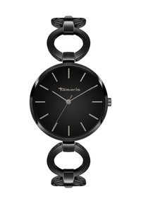 Schwarze Tamaris-Armbanduhr mit rundem Ziffernblatt, silbernen Stundenmarkierungen und verknüpftem, rundem Metallarmband.