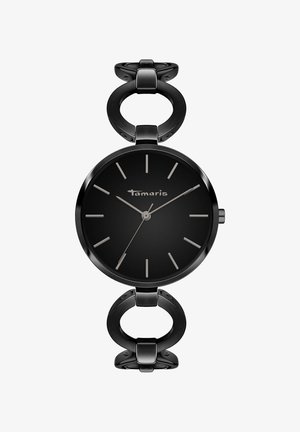 Schwarze Metall-Armbanduhr mit rundem Zifferblatt, das silberne Stundenmarkierungen und Zeiger aufweist. Das Armband besteht aus miteinander verbundenen ovalen Akzenten und schafft ein modernes Design.