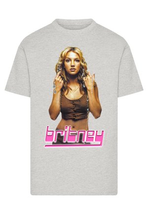 Gray cotton t-shirt featuring a printed image of a woman with long hair wearing a brown top, with the name "britney" in pink below.