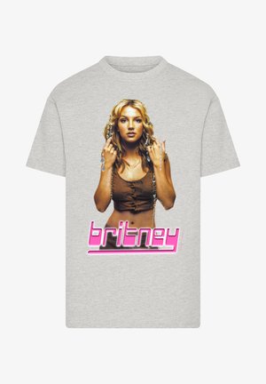 Gray cotton t-shirt featuring a printed image of a woman with long hair wearing a brown top, with the name "britney" in pink below.