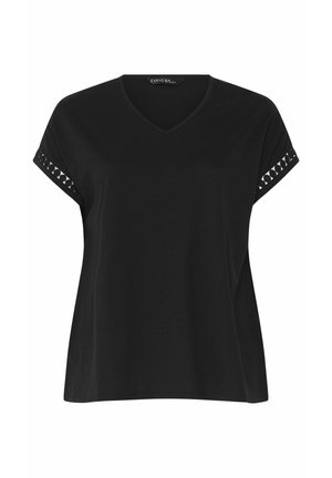 Sort kortærmet bluse med V-hals og dekorativ udskæring på ærmekanterne.