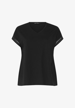 Musta lyhythihainen paita, jossa on V-kaula-aukko ja koristeellinen leikkausreuna hihojen reunoissa.