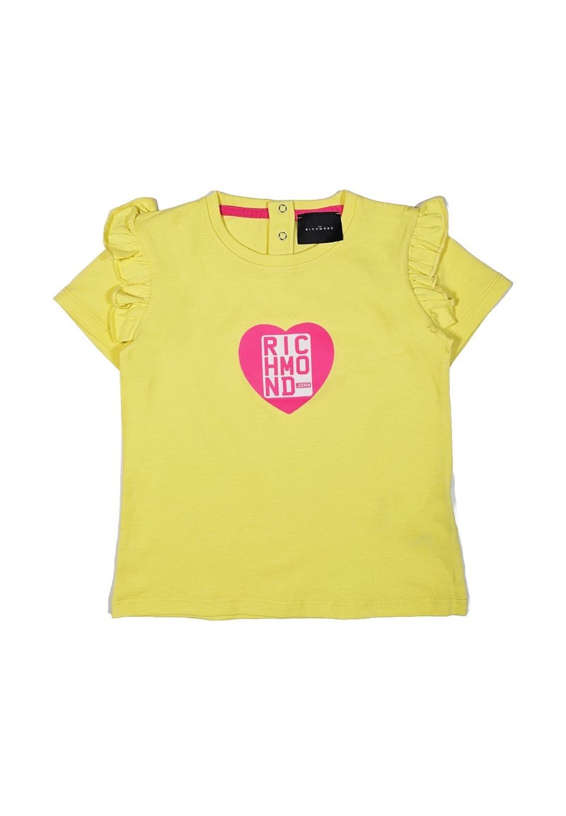T-shirt di cotone giallo con maniche corte a balze e una grafica a forma di cuore rosa con la scritta "RICHMOND" all'interno. Chiusura a bottoni a pressione sul retro.