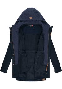 Navy blue jacket with a quilted hood, soft fleece lining, two outer pockets, and snap fasteners. Smooth fabric, adjustable features, and a logo tag.