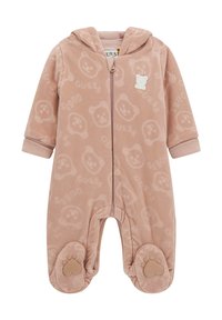 Combinaison pour bébé à capuche rose pâle avec un motif de visages d'ours, fermeture éclair sur le devant et grips en forme de pattes sur les pieds.