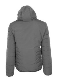 Vista posteriore di un giubbotto imbottito grigio con cappuccio e maniche lunghe su uno sfondo bianco.