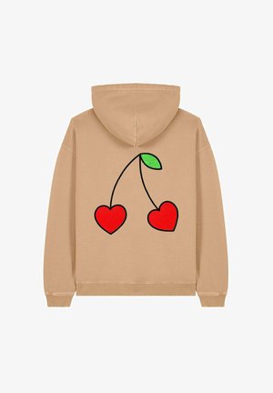 Hanorac bej cu glugă ajustabilă. Prezintă un grafic cu două inimi roșii și o frunză verde pe spate. Textură de țesătură moale.