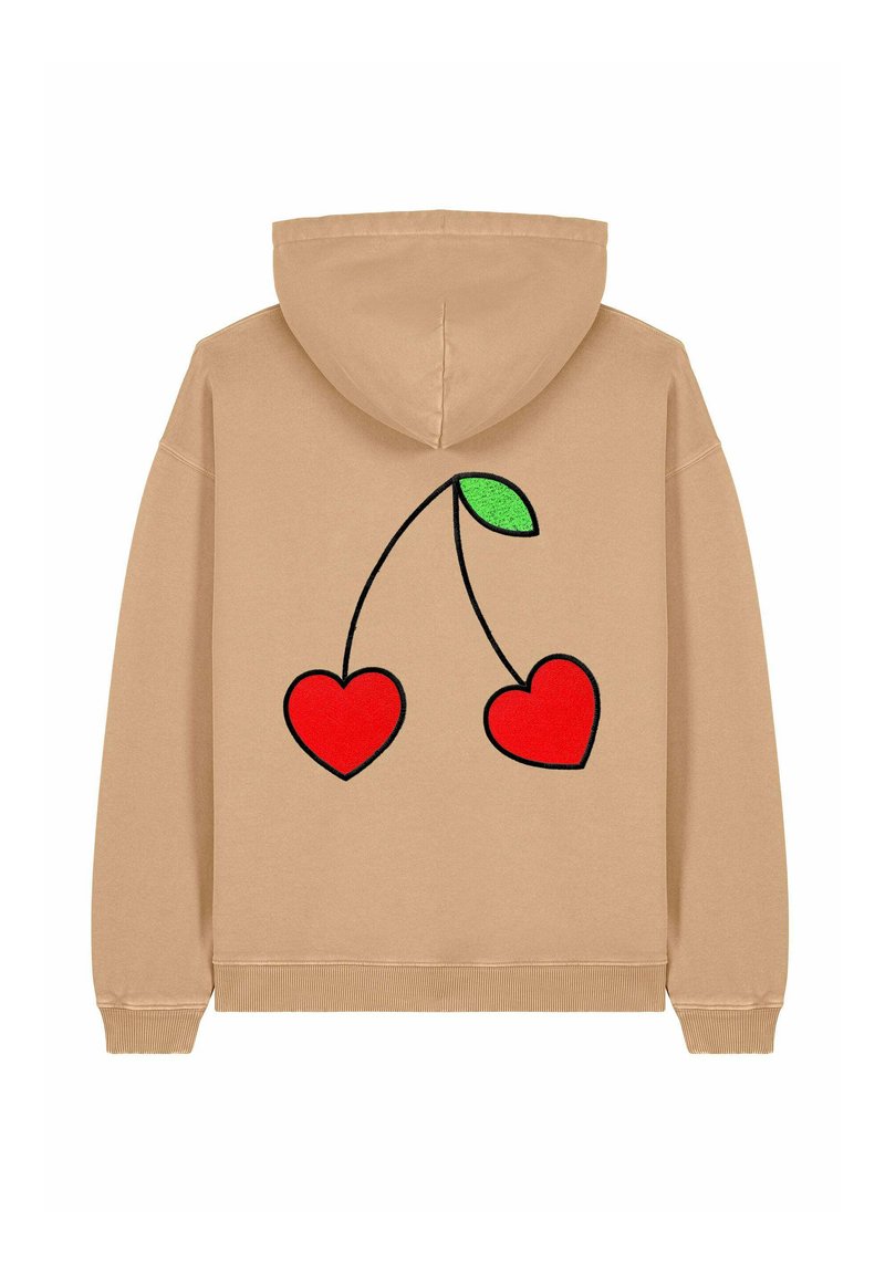 Felpa beige con cappuccio regolabile. Presenta una grafica di due cuori rosse e una foglia verde sul retro. Tessuto morbido al tatto.