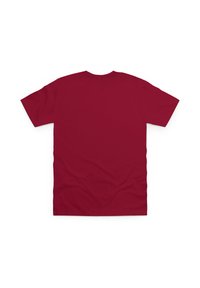 Červené bavlněné tričko s krátkým rukávem a kulatým výstřihem. Hladká textura, žádné vzory ani viditelné detaily. Zobrazeno z pohledu zezadu.