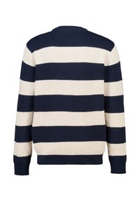 Maglione a righe blu navy e crema realizzato in tessuto a coste, con scollo rotondo e maniche lunghe con polsini a coste.