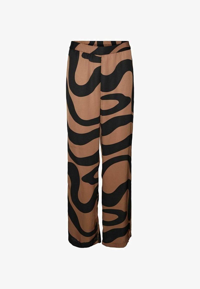 Pantalon large marron avec un motif tourbillonnant abstrait noir audacieux et une taille élastique.