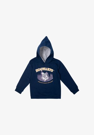 Felpa con cappuccio blu navy e interno grigio, con una grafica di Hogwarts e il testo "HOGWARTS™ SCHOOL OF WITCHCRAFT AND WIZARDRY."