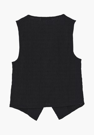 Top negro sin mangas con textura, de corte relajado y dobladillo asimétrico, mostrado desde atrás sobre un fondo blanco.