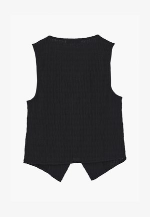 Top negro sin mangas con textura, de corte relajado y dobladillo asimétrico, mostrado desde atrás sobre un fondo blanco.