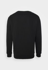 Sudadera negra de manga larga, con cuello redondo y puños y dobladillo acanalados, que presenta una tela suave y texturizada. Vista trasera únicamente.