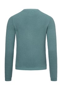 Strickpullover in gedämpftem Blaugrün mit strukturiertem Muster. Lange Ärmel, runder Halsausschnitt und kontrastierende gerippte Bündchen und Saum.