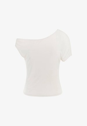 White off-the-shoulder t-shirt made of soft, lightweight fabric. Short sleeves, fitted shape, and rolled hem detail. Smooth texture.